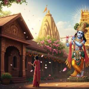 A serene, ethereal depiction of Pambadi Rajan's traditional Indian home surrounded by lush greenery, showcasing its intricate architectural details with rich colors like maroon and saffron. In the background, the Krishna Temple stands majestically, adorned with golden ornaments and vibrant floral garlands. The temple's structure is detailed with traditional motifs and a radiant peacock blue glow emanating from the divine idol of Lord Krishna, who holds a flute in his right hand and stands gracefully. The scene is bathed in soft, warm golden light, with gently falling lotus petals enhancing the tranquil ambiance. The setting evokes a sense of mystical allure, inviting the viewer to explore the historical and spiritual significance of these cultural landmarks. Art style is hyperrealistic with a touch of surreal fantasy, providing a modern digital aesthetic while maintaining traditional authenticity.