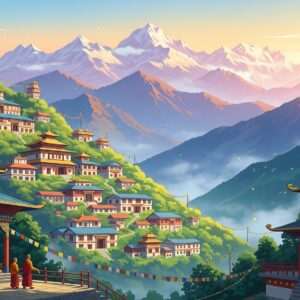 A serene, ethereal landscape of Gangtok in 2026, with a breathtaking view of the Kanchenjunga mountains bathed in the soft glow of a sunrise. The scene captures the tranquil beauty of the city, with lush green hills dotted with traditional Sikkimese architecture, featuring intricate Buddhist motifs and prayer flags fluttering gently in the breeze. In the foreground, a peaceful monastery with monks in saffron robes engaged in morning meditation. The atmosphere is calm and inviting, with warm pastel hues and a hint of mist that adds a dreamlike quality. The overall composition should evoke a sense of peace, spirituality, and adventure, with a modern digital art style that highlights the harmony between tradition and innovation.