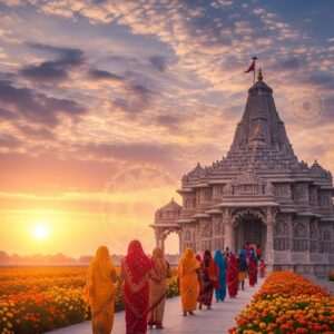 A tranquil scene depicting the serene landscape of Khatu, with the sun setting over the horizon, casting a warm golden glow across the sky. In the foreground, a group of Indian pilgrims, dressed in traditional attire, walk along a path lined with marigold flowers leading to the holy site of Khatu Shyam Ji temple. The temple itself is adorned with intricate carvings and motifs that reflect traditional Indian art forms like Madhubani and Pattachitra. Soft pastel-colored clouds drift lazily across the sky, creating an ethereal atmosphere. The air is filled with a sense of spiritual peace and anticipation, as the pilgrims are guided by the faint outline of glowing mandalas in the sky. The entire scene is imbued with a sense of serenity and spiritual purpose, inviting viewers to explore their own pilgrimage journey.