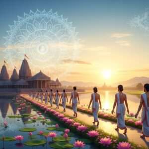 A serene and ethereal depiction of a spiritual journey near Khatu in 2026. The scene features a tranquil landscape with a glowing, golden mandala hovering in the sky, casting a soft, warm light over ancient Indian temples nestled amidst lush greenery. In the foreground, a calm water surface reflects the vibrant colors of the temples and the mandala. Pilgrims dressed in traditional Indian attire, adorned with subtle gold jewelry, are seen walking on a path lined with lotus flowers, leading to the holy sites. The atmosphere is filled with pastel hues of soft blue, pale pink, and warm gold, creating a sense of harmony and mindfulness. Intricate patterns and cultural motifs subtly weave through the image, blending traditional Indian art forms with modern digital aesthetics. The overall scene exudes tranquility and invites readers to embark on their spiritual journey.