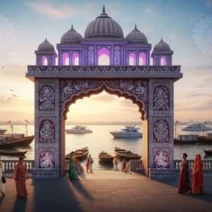 A vibrant, immersive scene of Haldia in 2026, showcasing a harmonious blend of traditional Indian architecture and modern developments. The foreground features an intricately designed gateway adorned with motifs from Madhubani and Pattachitra art, highlighted by glowing pastel lights. In the background, a serene river reflects the sunset hues of maroon and saffron. Traditional boats sail alongside modern yachts, depicting cultural harmony. People in traditional Indian attire walk alongside those in contemporary fashion, symbolizing the fusion of heritage and modernity. The sky is adorned with gentle clouds and faint mandalas, adding a touch of spirituality and calmness to the atmosphere. The overall scene is hyperrealistic with an ethereal touch, inviting viewers to explore the cultural richness and modern allure of Haldia.