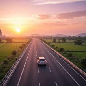 A serene, hyper-realistic scene depicting a modern Indian highway stretching from Patna to Sasaram, bathed in the warm glow of a setting sun. The road is flanked by lush green fields and distant hills, showcasing the natural beauty of Bihar. A sleek, contemporary Indian vehicle is seen traveling smoothly along the highway, symbolizing the journey. The sky is painted with hues of pink, orange, and gold, creating a tranquil and inviting atmosphere. In the background, iconic landmarks like the Mahabodhi Temple subtly hint at the region's cultural heritage. The overall mood is one of anticipation and adventure, with a touch of modernity and spirituality.