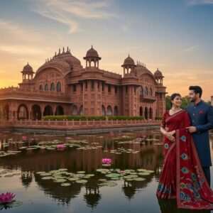 A majestic view of Jhargram Raj Palace surrounded by lush greenery and serene waters, with a backdrop of a warm, golden sunset. The palace is intricately detailed, showcasing its architectural grandeur with ornate carvings and traditional Indian motifs. In the foreground, an elegant couple dressed in traditional Indian attire (saree and sherwani) stand admiring the view, their attire blending vibrant colors like maroon and peacock blue with modern digital aesthetics. Their expressions convey awe and tranquility. Around them, soft glowing lights and floating lotus flowers enhance the ethereal atmosphere. The scene is hyperrealistic, capturing the allure of a royal getaway, with an emphasis on serenity and luxury.