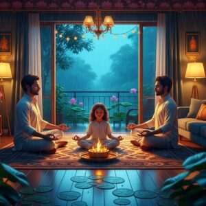 A serene, ethereal scene of an Indian family in a beautifully decorated living room, with windows open to reveal the lush, vibrant greenery of the monsoon season outside. The family is engaged in peaceful meditation, sitting on intricately patterned rugs with glowing mandalas softly illuminating the space. Rain gently falls against the windows, casting a calming blue hue inside. Traditional Indian motifs like lotus flowers and delicate gold patterns adorn the walls. The atmosphere is tranquil, emphasizing harmony and mindfulness, with warm golden lights creating a cozy and inviting ambiance. The art style is hyperrealistic with a touch of surrealism, capturing the balance between tradition and modernity.