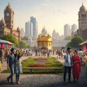 A bustling scene of Punjab's vibrant cities in 2026, capturing the essence of urban life and cultural diversity. The image features a panoramic view of Amritsar, Ludhiana, and Chandigarh with their iconic landmarks like the Golden Temple, Ludhiana Clock Tower, and Capitol Complex. In the foreground, a diverse group of Indian people is engaged in daily activities: a family strolling through a park, a young couple taking selfies, vendors selling colorful textiles and street food. The skyline is adorned with modern architecture alongside traditional structures, reflecting the blend of heritage and innovation. Rich, deep colors like maroon, saffron, and peacock blue are used to depict traditional motifs such as lotus flowers and mandalas subtly integrated into the urban environment. The lighting is soft and ethereal, giving the scene a surreal and inviting quality that emphasizes the region's dynamic growth and multicultural vibrancy.