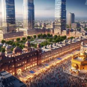 An aerial view of Punjab's vibrant cities in 2026, showcasing a harmonious blend of traditional architecture with modern urban designs. The landscape is dotted with lush green parks and colorful markets bustling with people, represented by diverse crowds of Indian characters. In the foreground, stylized depictions of historical landmarks like the Golden Temple are integrated with sleek, futuristic skyscrapers, symbolizing progress and cultural heritage. The scene captures the dynamic energy of the city, with warm, glowing lights reflecting off glass surfaces and streets filled with life. The art style should be hyperrealistic and ethereal, featuring rich colors like maroon, peacock blue, and saffron. Elements like digital mandalas subtly overlay the scene, emphasizing the cultural richness and modern aesthetics. The overall tone conveys vitality and transformation, inviting readers to explore the evolving landscape of Punjab's cities.