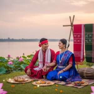 A serene landscape in Assam, depicting the tranquil flow of the Brahmaputra River under a soft, pastel-hued sky. In the foreground, an elegantly dressed Indian man and woman, both of Rabha descent, are seated by the riverbank, engaging in animated conversation, embodying the essence of cultural heritage. They are adorned in traditional Rabha attire, featuring intricate tribal patterns and motifs with rich, deep colors like maroon and peacock blue. Surrounding them are lush greenery and blooming lotus flowers, symbolizing growth and heritage. The scene is accentuated with ethereal glowing lights, creating an atmosphere of harmony and mindfulness. In the background, there is a subtle depiction of traditional Rabha cultural elements, such as handwoven fabrics and musical instruments, blending seamlessly with modern digital aesthetics. The overall image is hyperrealistic and ethereal, capturing the spirit of exploration and cultural richness.