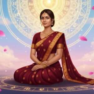 A serene Indian woman in a traditional saree (deep maroon with golden patterns) sits gracefully under a large, glowing celestial mandala, symbolizing the astrological connection. Her expression is calm and contemplative, embodying wisdom and authenticity. Intricate patterns of zodiac signs subtly weave into her attire and the surrounding aura. Soft, ethereal lighting highlights her serene posture, with a backdrop of pastel-colored skies and floating lotus petals. The scene exudes tranquility and spirituality, blending traditional Indian art forms with a modern digital aesthetic, enticing readers to explore the depth of ritual authenticity.