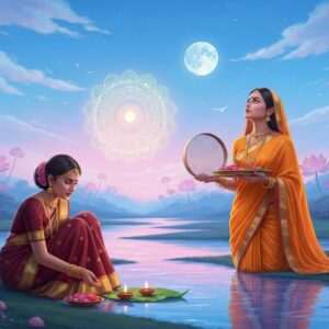 A serene and ethereal scene depicting a tranquil Indian landscape during twilight, with soft, pastel hues of blue, pink, and gold. In the foreground, an Indian woman dressed in a traditional maroon and gold saree performs a Pitra Paksha ritual by a gently flowing river, offering flowers and lighting diyas on a floating leaf. Beside her, another woman in a vibrant saffron saree gazes up at the moon, symbolizing Karwa Chauth, holding a beautifully intricate sieve and a plate of offerings. Both women are adorned with delicate gold jewelry and their expressions reflect devotion and peace. The background features a large, glowing mandala in the sky, surrounded by stylized lotus flowers, creating an aura of spirituality. The art style is hyperrealistic yet surreal, blending traditional motifs with modern digital aesthetics, inviting viewers into a world of cultural richness and serenity.