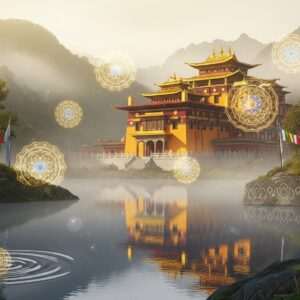 A serene and ethereal depiction of Gangtok's spiritual landscape, featuring the iconic Rumtek Monastery with its traditional Tibetan architecture, surrounded by lush, mist-covered Himalayan mountains. In the foreground, a calm, reflective water surface mirrors the monastery's vibrant saffron and maroon colors. Gentle, glowing mandalas float in the air, adding a surreal touch. The scene is bathed in soft, warm light, emphasizing tranquility and spiritual harmony. Traditional Indian and Tibetan motifs subtly adorn the landscape, creating a perfect blend of heritage and modern digital aesthetics, drawing viewers into a peaceful spiritual journey.