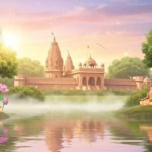 A serene depiction of Bharatpur's sacred sanctuaries: a tranquil scene with an ethereal glow, showcasing a traditional Indian temple nestled amidst lush, verdant landscapes. The temple is adorned with intricate Pattachitra-style motifs and surrounded by blooming lotus flowers and peacock feathers. In the foreground, a calm water surface reflects the soft pastel hues of the dawn sky, with a gentle mist adding a surreal touch. Indian women in flowing sarees meditate peacefully nearby, exuding an aura of mindfulness and spirituality. The atmosphere is infused with warm, golden light, symbolizing harmony and serenity, capturing both the spiritual and natural essence of Bharatpur in a modern digital aesthetic.