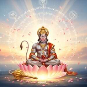 An ethereal scene depicting Lord Hanuman seated in a meditative pose atop a serene lotus-shaped pedestal, surrounded by a celestial aura. The backdrop is a dreamy blend of pastel hues with soft blue and pale pink, embellished with softly glowing mandalas and intricate patterns reminiscent of Bengali script. His skin is a divine shade of maroon, symbolizing his strength and devotion, while his golden crown and sacred mace rest gracefully beside him. The air is filled with floating, translucent petals and gentle, warm golden light emanating from his form, creating an atmosphere of peace and spiritual depth. The overall composition is hyperrealistic with surreal elements, capturing the essence of divine tranquility and wisdom.