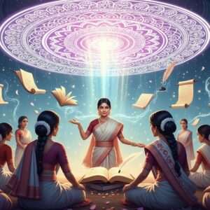 A gathering of graceful Indian women writers dressed in elegant Assamese traditional attire (mekhela chador) with intricate patterns, celebrating under the luminous canopy of a surreal, glowing mandala. The background is adorned with vibrant cultural motifs such as lotus flowers and intricate designs, merging traditional Assamese art with modern digital aesthetics. The scene is ethereal, with pastel-colored lights casting a serene glow, creating an atmosphere of harmony and mindfulness. The women are depicted in a moment of joyful camaraderie, surrounded by stylized representations of their literary works floating gently around them. The art style is hyperrealistic yet fantastical, capturing the essence of legacy, creativity, and empowerment in a visually captivating manner.