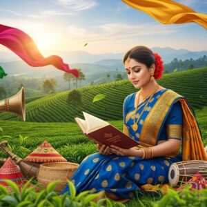 A serene scene capturing the essence of Assamese culture with a focus on literary heritage. In the foreground, an elegant Assamese woman dressed in a traditional Mekhela Sador, featuring intricate patterns and vibrant colors like peacock blue and saffron, sits gracefully with an open book in her hands. Around her, the rich cultural motifs of Assam come to life - a lush landscape with tea gardens in the background, traditional bamboo crafts, and delicate Assamese silk fabrics floating gently in the breeze. The sky is painted in soft pastel hues of pink and blue with glowing golden light, creating a surreal and ethereal atmosphere. Stylized depictions of Assamese musical instruments like the pepa and dhol are subtly integrated into the scene. The image should be hyperrealistic with a touch of fantasy, emphasizing the harmony between tradition and modernity, inviting the viewer to delve deeper into the cultural narrative.