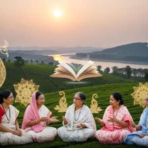 A serene scene of a traditional Assamese landscape, with lush green tea gardens and the mighty Brahmaputra river flowing gently in the background, under a soft pastel sky. In the foreground, a group of five distinguished Assamese women writers, dressed in elegant Assamese mekhela chadors, are seated in an open-air setting, engaged in a lively discussion. Their expressions are thoughtful and animated, symbolizing the creative exchange of ideas. Behind them, a digital representation of an open book is subtly integrated into the landscape, with ethereal pages turning in the breeze, hinting at the evolution and trends in Assamese literature. The overall atmosphere is tranquil yet intellectually stimulating, with glowing mandalas and stylized peacock motifs subtly incorporated into the image to reflect cultural heritage and modern literary innovation.