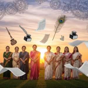 An elegant scene featuring a group of Indian women authors, dressed in modern yet traditional Assamese attire, standing proudly amidst a serene landscape. They are surrounded by elements symbolizing literary creativity: floating pages, ink pots, and quills, set against a backdrop of soft pastel clouds. The sky is adorned with glowing mandalas and intricate patterns inspired by Madhubani art. The women exude confidence and wisdom, with gentle smiles and expressive eyes, embodying the spirit of innovation and heritage. The scene is bathed in warm golden light, creating an ethereal, tranquil atmosphere that invites contemplation and curiosity about their literary contributions.