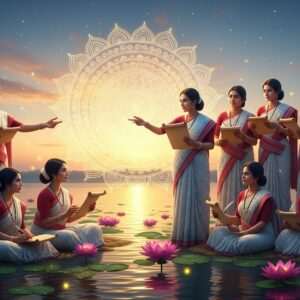 An ethereal scene depicting the vibrant legacy of the Sadou Asom Lekhika Samaroh Samiti in 2026, featuring a group of Assamese women writers dressed in traditional Mekhela Chador with modern digital aesthetics. They are gathered in a serene, picturesque setting by the banks of the Brahmaputra River during a sunset, where the sky is painted in soft pastels of blue, pink, and gold. In the background, an intricately detailed, glowing mandala inspired by Assamese patterns and motifs like Jaapi and Xorai hovers above the water's surface, symbolizing cultural heritage and wisdom. The women are engaged in animated discussion, holding scrolls and quills, their faces glowing with inspiration. Lotus flowers float gently on the river, and fireflies add a magical glow to the scene. The art style is hyperrealistic with surreal elements, emphasizing spirituality, harmony, and the enduring impact of literature and culture in Assam.