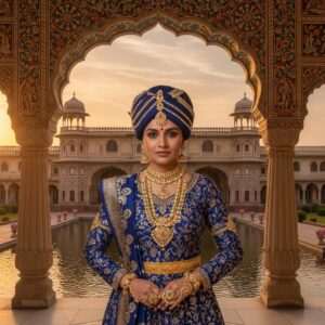 A captivating depiction of Sandur State's historical essence: An Indian royal figure dressed in regal attire reminiscent of early 20th-century royalty, adorned with intricate gold and peacock blue jewelry. The backdrop is a grand, traditional Indian palace with ornate carvings and majestic arches, reflecting both Pattachitra and Madhubani art styles. The scene is set during dusk, with warm, golden light illuminating the palace and casting serene reflections on a calm water surface. Surrounding the palace are lush gardens with stylized lotus flowers and mandalas subtly integrated into the architecture. The atmosphere is ethereal and tranquil, emphasizing the historical significance and cultural depth of Sandur State, drawing viewers into its rich past.