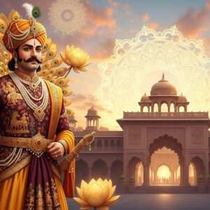 A majestic Indian kingdom scene, portraying the Sandur State legacy. In the foreground, a regal Indian Maharaja in traditional royal attire stands proudly, adorned with intricate gold jewelry and a richly embroidered turban. He is surrounded by ornate elements like golden peacock motifs and stylized lotus flowers, symbolizing prosperity and heritage. The background features a grand palace with intricate architectural details inspired by Indian design, with large arches and ornate carvings. The scene is illuminated with warm, ethereal lighting, highlighting the vibrant maroon and saffron hues of the attire and surroundings. The sky above is adorned with glowing mandalas and soft pastel clouds, creating a serene, dreamlike atmosphere that captures the essence of history and royalty. This hyperrealistic digital illustration merges traditional art forms with modern aesthetics, captivating viewers with its blend of heritage and innovation.