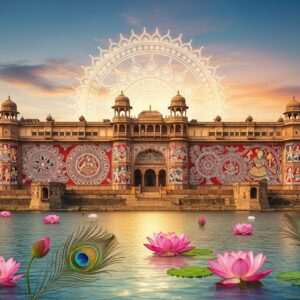 A captivating visual of Sandur's rich history depicted through a harmonious blend of traditional and modern art. Show an ancient, intricately designed Indian palace set against a backdrop of a serene landscape bathed in soft golden light. The palace is adorned with detailed carvings, showcasing motifs from Madhubani and Pattachitra art styles. In the foreground, an ethereal river flows gently, reflecting the pastel hues of the sky—soft blue and pale pink. Lotus flowers float on the water's surface, while peacock feathers add vibrant colors to the scene. Above the palace, a glowing mandala symbolizing time and history radiates a warm aura. The atmosphere conveys tranquility and reverence for Sandur's cultural heritage, evoking curiosity and inviting readers to delve deeper into its historical journey. The art style should be hyperrealistic with a surreal touch, emphasizing the blend of heritage and innovation.