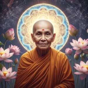 A serene, ethereal depiction of Sanghamitta Theri, the revered Buddhist nun, set against a modern digital backdrop. She is dressed in traditional saffron robes, symbolizing her deep spiritual heritage. Her face reflects wisdom and tranquility, with delicate lotus flowers gently cascading around her, symbolizing purity and enlightenment. The background features a glowing mandala in soft hues of pastel blue and warm gold, creating a surreal, spiritual ambiance. The scene is imbued with soft glowing lights, highlighting her serene expression and inviting the viewer into a realm of peace and mindfulness. Surrounding her are subtle hints of modernity, such as abstract digital patterns, merging the ancient with the contemporary. The art style is hyperrealistic, capturing the essence of her legacy and its continued relevance in 2026.