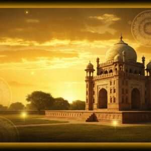 A breathtaking depiction of the ancient city of Sasaram in Bihar, featuring the iconic tomb of Sher Shah Suri with its grand architecture and intricate carvings, set against a vibrant sunset sky of gold and saffron hues. The scene is adorned with traditional Indian patterns and motifs, such as mandalas and lotus flowers, subtly integrated into the landscape. Soft, ethereal lighting casts a serene glow over the scene, capturing the essence of Bihar's rich cultural heritage. The image should be a harmonious blend of modern digital aesthetics and traditional Indian art forms, with a focus on the tranquility and historical grandeur of the site. The overall tone is one of reverence and discovery, inviting viewers to delve into the heritage and cultural treasures of Sasaram.