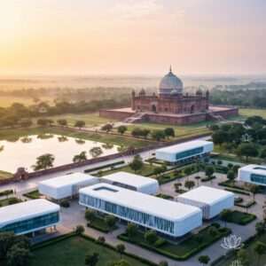 A serene aerial view of Sasaram in 2026, capturing the harmonious blend of historical and modern elements. The iconic Sher Shah Suri Tomb stands majestically, surrounded by lush greenery and tranquil water reflecting the soft glow of a pastel sunrise. In the foreground, modern infrastructure subtly integrates with the ancient landscape, showcasing futuristic architecture with clean lines and glass facades. The scene is enriched with cultural motifs like lotus patterns subtly embedded in the design elements, creating a tapestry of tradition and innovation. The overall atmosphere is ethereal and inviting, with a touch of spirituality resonating from the warm golden light bathing the landscape.