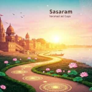 A stunning visual depiction of a serene and mystical journey from Sasaram to Varanasi and Gaya, showcasing a vibrant Indian landscape. In the foreground, a winding path is adorned with intricate lotus flowers and glowing mandalas, symbolizing the spiritual journey. The background features the iconic ghats of Varanasi bathed in a warm, golden light, with the silhouette of ancient temples and the gentle flow of the Ganges River under a pastel-hued sky. Intricate patterns inspired by traditional Indian art subtly blend into the scene, adding depth and cultural richness. The atmosphere is ethereal and tranquil, inviting viewers into an immersive travel experience that blends tradition with modern digital aesthetics.