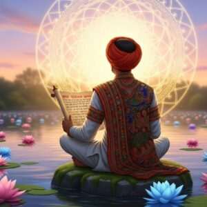A serene and ethereal depiction of an Indian scholar sitting cross-legged in a tranquil garden, surrounded by soft glowing light and pastel-colored lotus flowers. The scholar is dressed in traditional Indian attire with intricate patterns reflecting the rich cultural motifs of Madhubani art. In the background, a large, luminous mandala symbolizes enlightenment and knowledge. The scene is peaceful, with a calm water surface reflecting the pastel hues of the sky. The scholar is holding an ancient scroll, representing the wisdom of Satya Shodhak Samaj principles. The overall tone is harmonious, inviting readers to explore deeper insights. The art style should be hyperrealistic, blending tradition with modern digital aesthetics to captivate and intrigue viewers, emphasizing spirituality and mindfulness.
