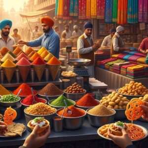 A bustling street scene in the heart of Amritsar, capturing the vibrant essence of its culture in 2026. The image features a lively market filled with Indian vendors selling an array of colorful spices, traditional textiles, and handcrafted jewelry. In the foreground, a family is savoring street food delights like spicy chaat and crispy jalebis. The backdrop showcases the iconic Golden Temple bathed in the warm glow of the setting sun, reflecting in a tranquil water body. Rich, deep colors like gold, saffron, and peacock blue dominate the scene, with intricate patterns subtly incorporated into clothing and decorations. The atmosphere is alive with energy and cultural richness, inviting viewers to explore and immerse themselves in Amritsar's heritage. The art style is hyperrealistic with digital aesthetics, featuring serene glowing lights and a harmonious blend of tradition and modernity.