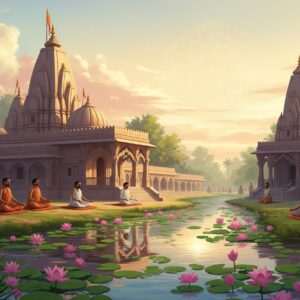 An ethereal scene of a tranquil temple and ashram in Barasat, enveloped in a soft pastel glow. The temple features traditional Indian architectural elements with intricate carvings and golden accents, surrounded by lush greenery and blooming lotus flowers in a serene water body. A group of Indian devotees in simple, flowing attire are seen meditating peacefully, bathed in the gentle light of the setting sun. Above them, a large, softly glowing mandala hovers in the sky, casting a warm golden hue. The atmosphere is one of peace and spirituality, with gentle ripples in the water reflecting the pastel colors of the sky. The art style is hyperrealistic with a serene and surreal quality, inviting viewers into a world of harmony and mindfulness.