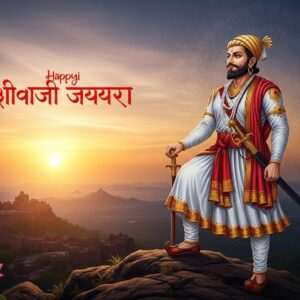 A regal and majestic depiction of Chhatrapati Shivaji Maharaj, the legendary Maratha warrior king, set against a serene and ethereal backdrop. Shivaji is portrayed in traditional Maratha attire, with a saffron turban and a richly embroidered cloak. He stands proudly on a hilltop, overlooking the vast landscapes of Maharashtra, with the sun setting behind him, casting a warm, golden glow over the scene. His expression is noble and determined, embodying leadership and bravery. The surrounding environment includes lush greenery and distant forts, symbolizing his empire. The scene is adorned with subtle cultural motifs like lotus flowers and mandalas, incorporating elements of modern digital aesthetics while maintaining historical accuracy. This image captures the essence of Shivaji Jayanti, offering a sense of pride and cultural heritage to attract readers to learn more about the celebration.