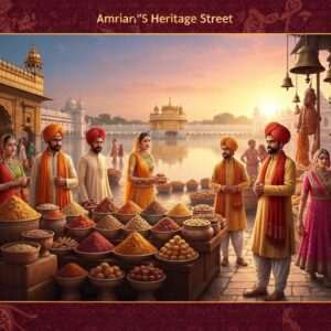 A vibrant scene capturing the essence of Amritsar's Heritage Street, bustling with life and culture. The foreground features a colorful market stall with a variety of traditional Indian spices and sweets, their rich textures almost tangible. Surrounding the stall are beautifully dressed Indian men and women in vibrant, traditional attire, exuding warmth and friendliness. In the background, the iconic Golden Temple glows ethereally under a soft sunset sky, its reflection shimmering on a calm water surface. The air is filled with the soft sound of temple bells and distant melodies. The scene is enriched with intricate patterns and motifs reminiscent of Indian art, such as lotus flowers and paisley designs, while maintaining a modern digital aesthetic with deep, rich colors like maroon and saffron. The overall atmosphere is one of cultural richness, inviting exploration and discovery.