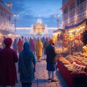 A vibrant and bustling scene of Amritsar's Heritage Street in 2026, showcasing the harmonious blend of tradition and modernity. The street is filled with people in colorful traditional Indian attire, mingling with tourists. Golden Temple's reflection glimmers softly in the background under a serene twilight sky. The atmosphere is lively with street vendors selling traditional Punjabi crafts and foods, their stalls adorned with twinkling lights. Intricate patterns and motifs reminiscent of Phad art decorate the facades of the buildings. A gentle, ethereal glow illuminates the scene, highlighting the spiritual essence of Amritsar. The art style is hyperrealistic, capturing the richness of the deep maroon, saffron, and peacock blue hues, with a surreal touch of digital aesthetics. The image exudes a sense of warmth, spirituality, and cultural richness, inviting viewers to explore further.