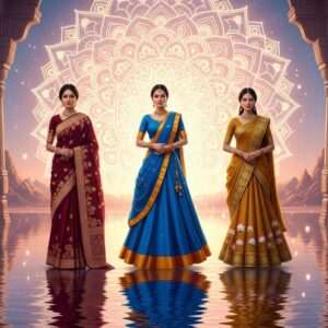 An intricate, ethereal scene depicting three Indian women representing Bengali, Hindi, and Sanskrit cultures. Each woman stands gracefully on a serene, calm water surface, their reflections shimmering beneath them. They are adorned in traditional attire: one in deep maroon with gold patterns, another in peacock blue with saffron highlights, and the third in rich gold with lotus motifs. Behind them, a large, glowing mandala radiates warm pastel hues, symbolizing unity and shared heritage. The background features a dreamlike blend of ancient temple architecture and modern digital aesthetics. Soft glowing lights illuminate the scene, creating a sense of tranquility and interconnectedness. The overall atmosphere is serene and spiritual, with an emphasis on harmony and cultural links.
