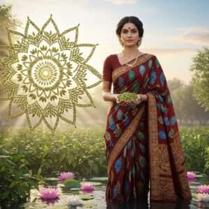 A serene and ethereal image of an Indian woman gracefully holding a handful of freshly picked cardamom pods, surrounded by lush, verdant cardamom plants. She is dressed in a modern, elegant saree with intricate patterns inspired by traditional Indian art forms. The colors are rich and deep, featuring maroon, peacock blue, and gold. The background showcases a softly glowing mandala made of cardamom pods, with gentle beams of light radiating outwards, creating a spiritual and harmonious atmosphere. The scene is set in a tranquil garden with a soft pastel sky, and delicate lotus flowers floating on a calm water surface, symbolizing purity and ritualistic significance. The art style is hyperrealistic with a modern digital aesthetic, capturing the essence of tradition and innovation.