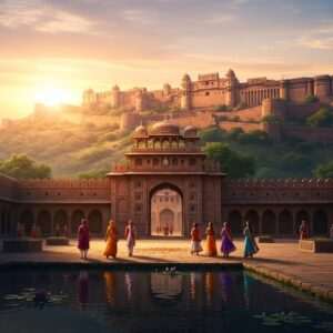 An awe-inspiring view of a grand South Indian fort perched atop a lush green hill, bathed in the soft glow of the setting sun. The fort features intricately carved stone walls and majestic gateways adorned with traditional motifs like lotus flowers and mandalas. In the foreground, a serene water body reflects the fort's silhouette and the pastel colors of the sky. Indian characters dressed in regal, traditional attire from the era are depicted exploring the fort, conveying a sense of discovery and reverence for history. The scene is enriched with peacock blue and saffron hues, blending modern digital aesthetics with traditional Indian art forms to create an ethereal and captivating atmosphere.