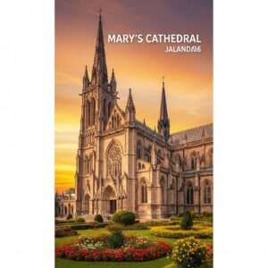 An awe-inspiring view of St. Mary's Cathedral Jalandhar, showcasing its intricate gothic architecture with soaring spires and detailed carvings bathed in the soft glow of a golden sunset. The cathedral is surrounded by lush, green gardens with blooming flowers, creating a serene and inviting atmosphere. The sky is painted in vibrant hues of orange, pink, and purple, enhancing the ethereal quality of the scene. The image captures the grandeur and tranquility of the cathedral, highlighting the blend of historical and modern aesthetics. This hyperrealistic depiction should evoke a sense of wonder and exploration, inviting viewers to delve deeper into the architectural marvels awaiting them in the 2026 guide.