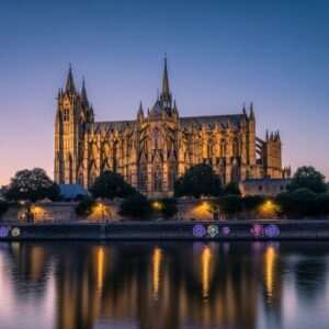 "St. Mary's Cathedral in Jalandhar, with its majestic Gothic architectural style, emerges from a lush landscape. The cathedral's spires rise gracefully against a serene, ethereal sky, where soft pastel hues blend seamlessly into each other. Intricate stained glass windows reflect warm golden light, casting colorful patterns on the ground. In the foreground, tranquil water surfaces mirror the cathedral's grandeur, surrounded by subtle floral motifs and glowing lights that enhance the spiritual ambiance. The scene captures the essence of history and spirituality, inviting viewers to delve into its rich heritage."
