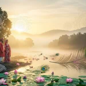 A serene, ethereal landscape depicting the lush greenery of Tapi District, with a flowing river adorned with lotus flowers and peacock feathers gracefully floating on the water. In the foreground, an Indian couple dressed in traditional attire stands in wonder, surrounded by intricate patterns of Madhubani and Pattachitra art subtly integrated into the natural scenery. The background features a misty sunrise with soft glowing lights casting pastel hues of warm gold and pale pink across the sky, highlighting the harmonious blend of nature and culture. Stylized mandalas are subtly woven into the scene, representing spiritual tranquility and mindfulness. The overall atmosphere is inviting and magical, capturing the allure of hidden treasures waiting to be discovered.