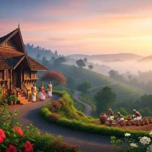 A serene landscape of Thamarassery in Kerala, showcasing its lush green hills and winding roads enveloped in mist. In the foreground, an intricately designed traditional Kerala house with a thatched roof, surrounded by vibrant flora like hibiscus and frangipani. The scene is infused with soft, ethereal lighting, casting a warm glow over the landscape. The sky is a gradient of pastel hues, transitioning from soft pink to deep gold, creating a tranquil atmosphere. A distant view of local villagers in traditional attire can be seen, engaging in cultural activities like Kathakali dance or making pottery. Art style is hyperrealistic with an ethereal touch, capturing the enchanting allure of Thamarassery as a hidden gem waiting to be explored.