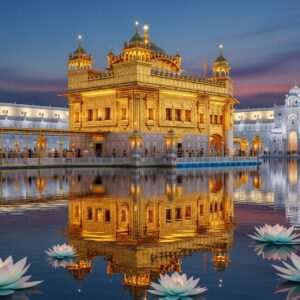 A breathtaking view of the Golden Temple, the Harmandir Sahib, illuminated under a serene night sky, casting a warm, golden reflection on the tranquil waters of the Amrit Sarovar. The scene captures the temple's intricate architectural details, adorned with delicate patterns and motifs inspired by traditional Indian art forms. The water's surface is calm and mirrors the temple's glowing lights, adding a surreal, ethereal quality to the scene. In the foreground, soft lotus flowers float gently, illuminated by subtle pastel hues of soft blue and pale pink. The atmosphere exudes tranquility and spirituality, inviting viewers to explore the sacredness and history of this revered place. The art style is hyperrealistic with a modern digital aesthetic, balancing heritage with innovation.