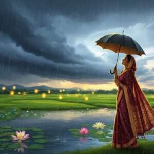 An ethereal scene depicting the arrival of monsoon in India, where the sky is painted with dark, swirling monsoon clouds releasing a gentle, steady rain. Below, a vast green landscape comes alive with lush fields and vibrant lotus flowers blooming in water-filled paddies. In the foreground, a serene Indian woman dressed in a flowing maroon saree with gold accents stands with an open umbrella, gazing skyward with a serene expression. The rain-dappled surface of a tranquil lake reflects the myriad hues of the sky, while peacock blue and saffron tones highlight the scene. Soft glowing lights create a peaceful, surreal atmosphere, capturing the essence of renewal and abundance associated with the monsoon season. The overall tone is tranquil and harmonious, inviting readers to delve into the details of the forecast.