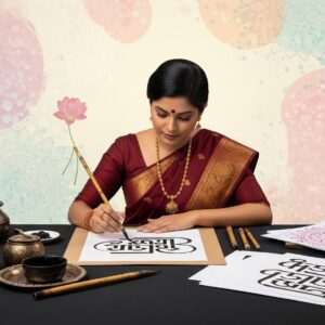 A beautifully intricate depiction of a traditional Bengali calligraphy workspace. In the center, a young Indian artist, with serene and focused expression, is delicately working on a piece of Bengali calligraphy. The scene is illuminated by warm, glowing lights, highlighting the artist's traditional attire in rich hues of maroon and gold. Surrounding the artist are various calligraphy tools like ink pots, bamboo pens, and sheets of paper filled with elegant strokes and curves. The backdrop features a modern fusion of traditional Bengali motifs and abstract digital designs, incorporating elements like mandalas and lotus flowers in soft pastel shades. The overall atmosphere is calm and inspirational, blending tradition with a contemporary aesthetic that evokes creativity and cultural richness.