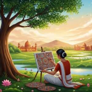 A serene, ethereal depiction of Shantiniketan's lush landscape with gentle rolling hills and tranquil water bodies. In the foreground, an Indian artist reminiscent of Nandalal Bose, dressed in traditional attire, is seen painting under the shade of a tree. The canvas captures vibrant colors and intricate patterns, reflecting elements of Madhubani and Pattachitra art styles. Surrounding the artist are lotus flowers and soft glowing lights that imbue the scene with a spiritual aura. In the background, a subtle yet visible nod to Shantiniketan's architecture is present, with warm saffron and peacock blue hues illuminating the scene. The overall atmosphere is one of tranquility, harmony, and mindfulness, capturing the artistic soul and legacy of Nandalal Bose.