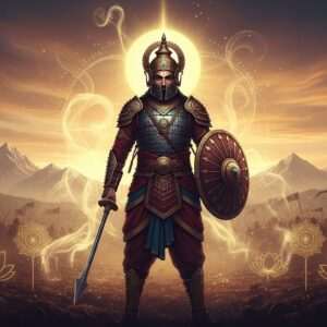 An intricately detailed scene of an ancient Indian warrior from the Bharatas clan, dressed in traditional armor adorned with gold and intricate patterns, standing valiantly on a battlefield. The backdrop is a vast landscape featuring majestic mountains and a glowing saffron sky, symbolizing the cultural richness and historical significance of the Bharatas. Surrounding the warrior are ethereal wisps of smoke and golden light, creating a surreal and timeless ambiance. Stylized lotus flowers and mandalas are subtly integrated into the foreground, enhancing the spiritual essence. The art style merges traditional Indian motifs with modern digital aesthetics, using rich, deep colors like maroon and peacock blue to create a photo hyper-realistic image that captivates the viewer's interest in exploring the legacy of the Bharatas.