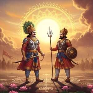 An ethereal scene depicting Bappa Rawal and Maharana Pratap standing together on a serene, glowing battlefield at twilight. Bappa Rawal is clad in intricately detailed armor with a majestic peacock feather crown, while Maharana Pratap stands proudly beside him, holding his iconic spear and shield. The backdrop features a golden, glowing mandala sun with intricate patterns, casting warm light over the scene. The two warriors are surrounded by soft, pastel-colored clouds with a hint of saffron and maroon hues, symbolizing their enduring legacy. Lotus flowers and spiritual symbols subtly adorn the ground, enhancing the mystical ambiance. This hyperrealistic digital art combines traditional Indian elements with a modern aesthetic, emphasizing the historical connection and legacy of these legendary figures.