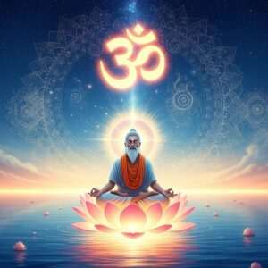 A serene, ethereal scene depicting a meditative Indian sage sitting cross-legged on a lotus flower, floating on a calm water surface under a starry night sky. The sage is bathed in soft, glowing lights, with a halo of radiant energy surrounding them. Above, the symbol of OM glows brightly, casting a warm, golden hue across the scene. The backdrop features pastel colors with subtle hints of saffron, peacock blue, and pale pink. Delicate mandalas and cosmic patterns subtly weave through the sky, enhancing the surreal and spiritual atmosphere. The sage's expression exudes tranquility and enlightenment, inviting viewers to delve into the profound meaning and power of OM. The art style is hyperrealistic with digital aesthetics, merging traditional Indian motifs with a modern, fantastical touch.