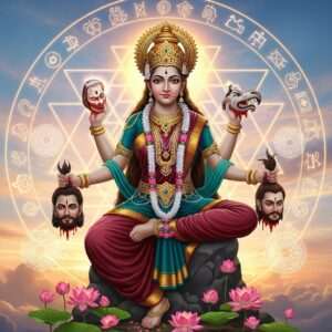 A captivating scene depicting Chhinnamasta, a fierce yet compassionate Hindu goddess, standing in serene stillness. She is adorned in vibrant traditional attire with rich hues of maroon, gold, and peacock blue, her skin glowing with ethereal warmth. Chhinnamasta is depicted with two severed heads in her hands, and her third eye open, radiating divine energy. Her crown glimmers with intricate patterns, and lotus flowers surround her feet, while mandalas subtly float around her. In the background, the Chhinnamasta Yantra is intricately woven into the sky, its lines glowing softly amidst pastel-colored clouds. The entire composition is hyperrealistic, blending ancient symbolism with modern digital aesthetics, invoking a sense of spirituality and intrigue.