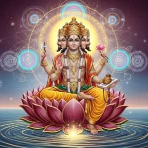 A majestic depiction of Lord Brahma, the Divine Creator, seated on a blooming lotus in the midst of a tranquil cosmic ocean. He has four heads symbolizing his all-seeing nature, each looking in a different direction, and four arms holding sacred texts, a water pot, a rosary, and a lotus. His skin is a luminous golden hue, radiating divine light. Around him are softly glowing mandalas and subtle swirling patterns in the background, representing the universe's creation. The color palette features rich maroon, gold, and peacock blue, with ethereal pastel accents. The scene is serene and surreal, with a modern digital aesthetic that blends traditional Indian artistry with contemporary design elements.